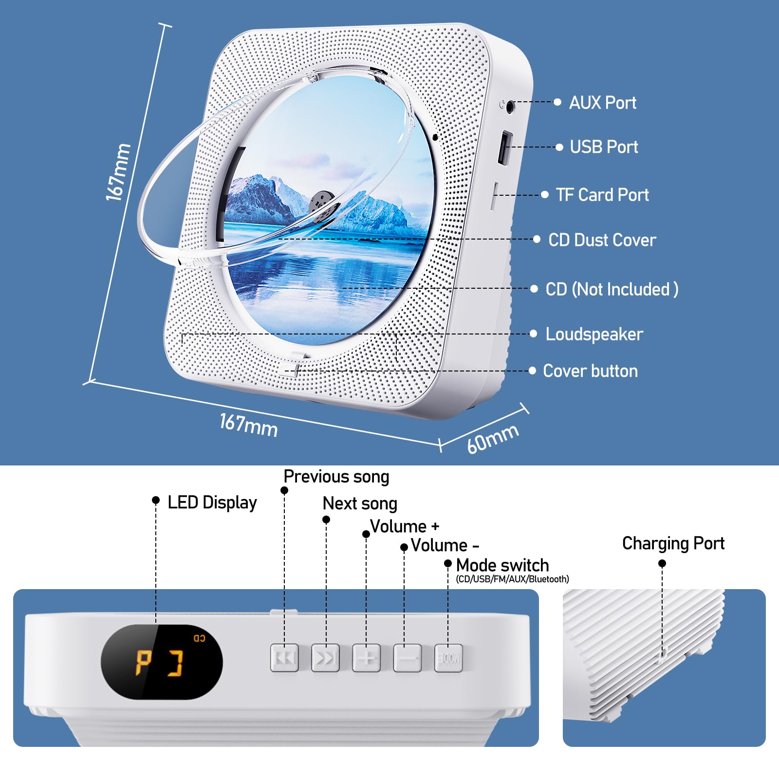 CD Player Portable Bluetooth 5.1 Desktop CD Player with HiFi Sound Speakers,Remote Control,Dust Cover,LED Display,Boombox FM Radio,USB/AUX for Home,Gift,Kids (White)