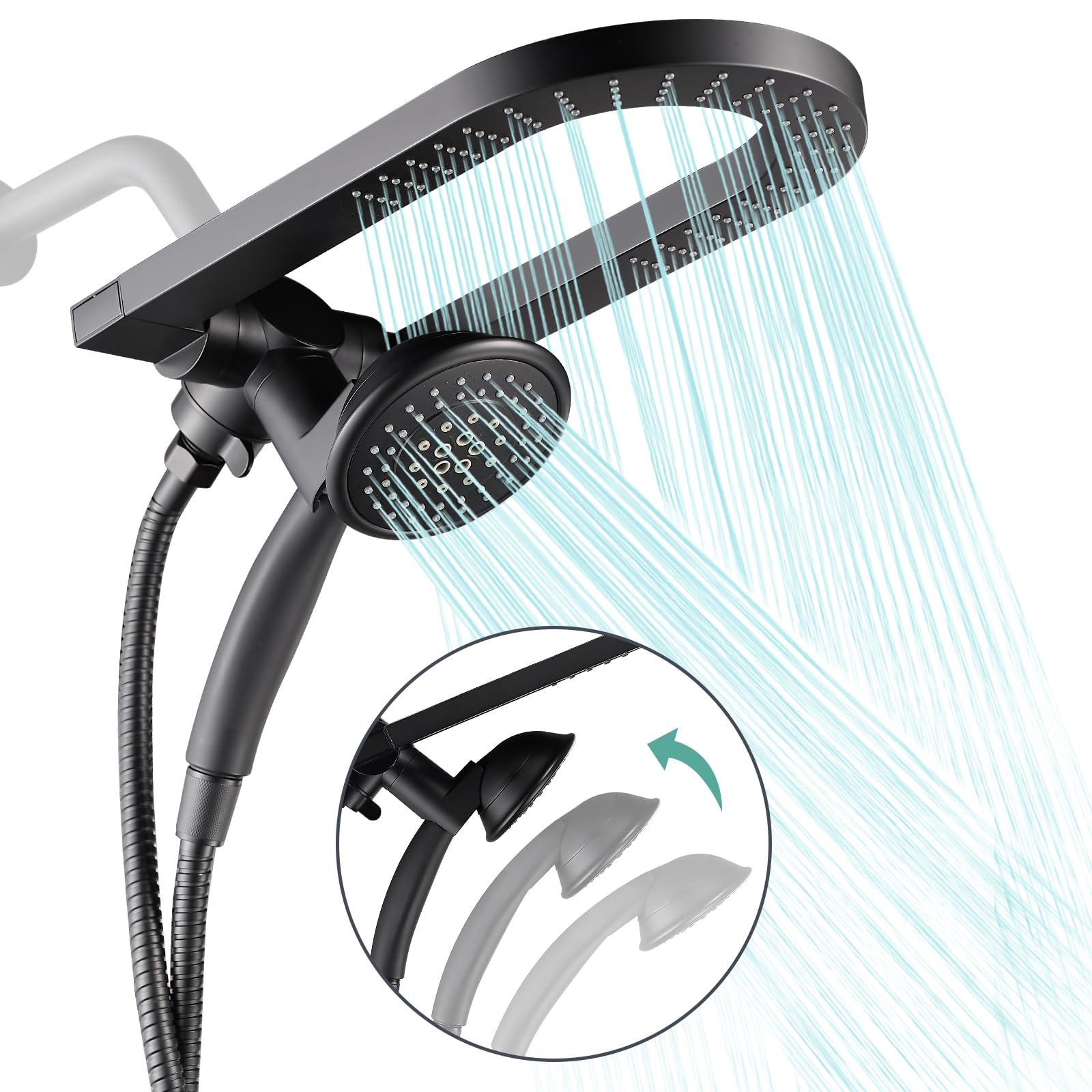 Cobbe Premium 3-Way Rain Shower Head Combo, Dual Shower Head with Handheld, 5-Inch High Pressure Rainfall with Stainless Steel Hose & Sealant Tape - U.S. Invention Patents - Matte Black