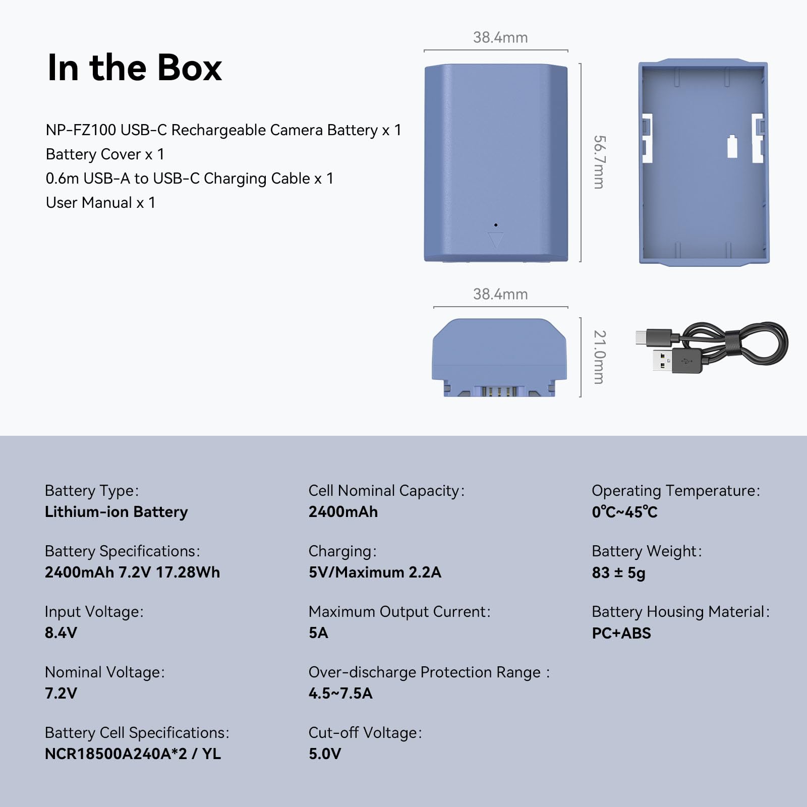 SMALLRIG NP-FZ100 2400mAh Camera Replacement Battery for Sony A7R V, A7 IV, A7S III, USB-C 2.5H Fast Charging Camera Battery for A7R IV, A7R III, A7 III, A7C, A7C II, A6600, A6700, FX3, ZV-E1-4265B