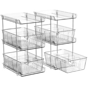 stofiro 3 tier clear bathroom organizers and storage, 2 pack pull out bathroom organizer with dividers, multi-purpose cabinet organizer for bathroom storage, kitchen pantry, makeup, medicines