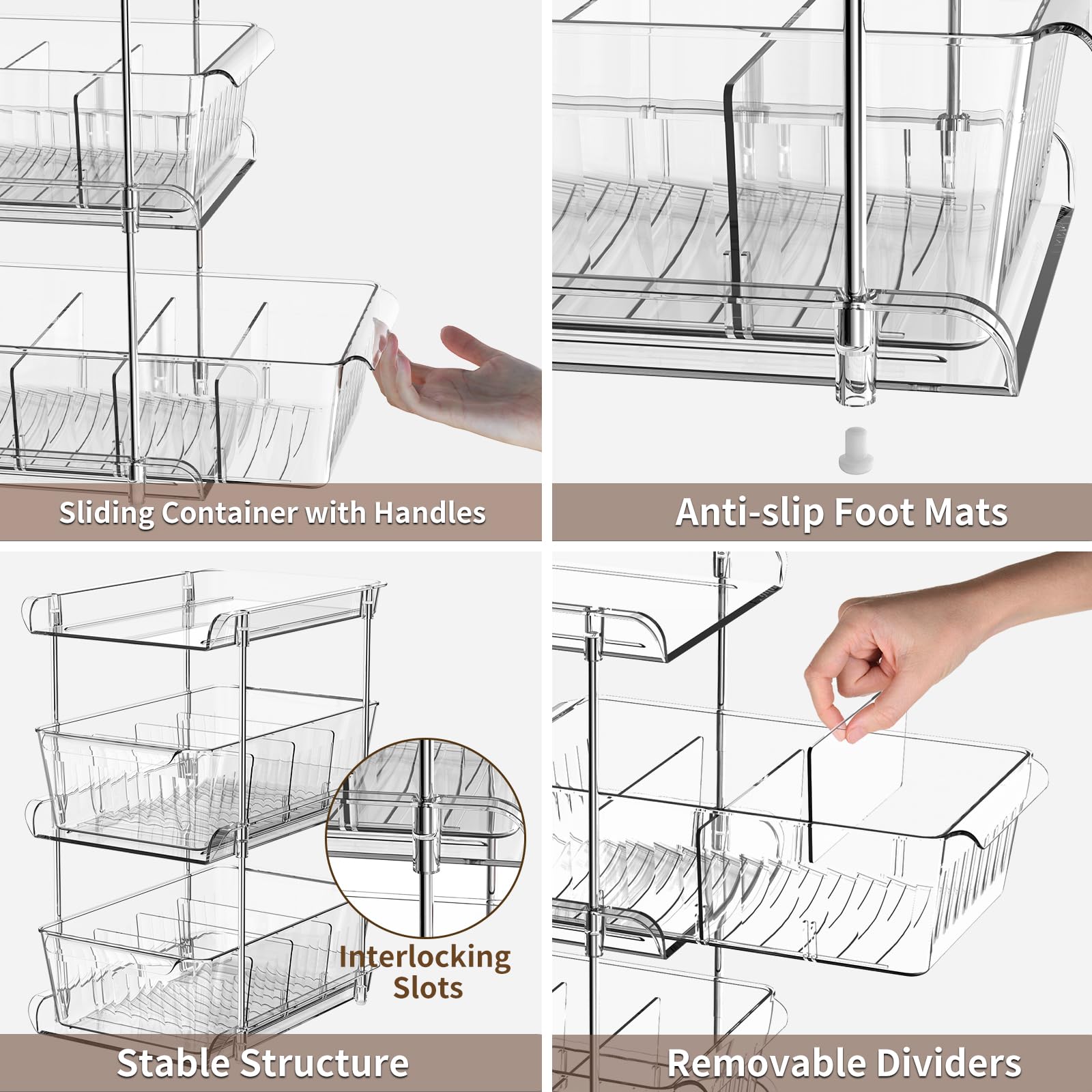Stofiro 3 Tier Clear Bathroom Organizers and Storage, 2 Pack Pull Out Bathroom Organizer with Dividers, Multi-Purpose Cabinet Organizer for Bathroom Storage, Kitchen Pantry, Makeup, Medicines