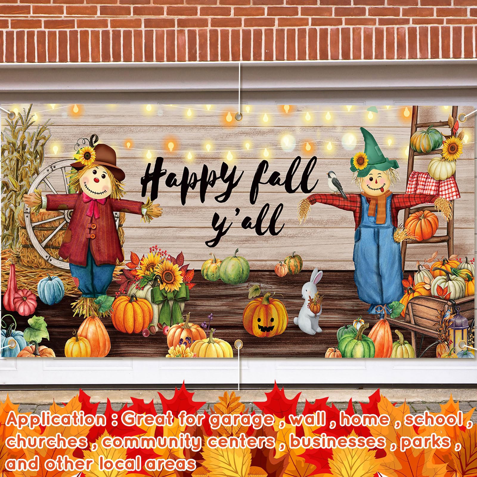 13 x 6ft Fall Garage Door Decorations Banner Extra Large Happy Fall Backdrop Fall Decorations with White Rope Autumn Pumpkin Scarecrow Wall Banner Fall Hanging for Fall Thanksgiving Party