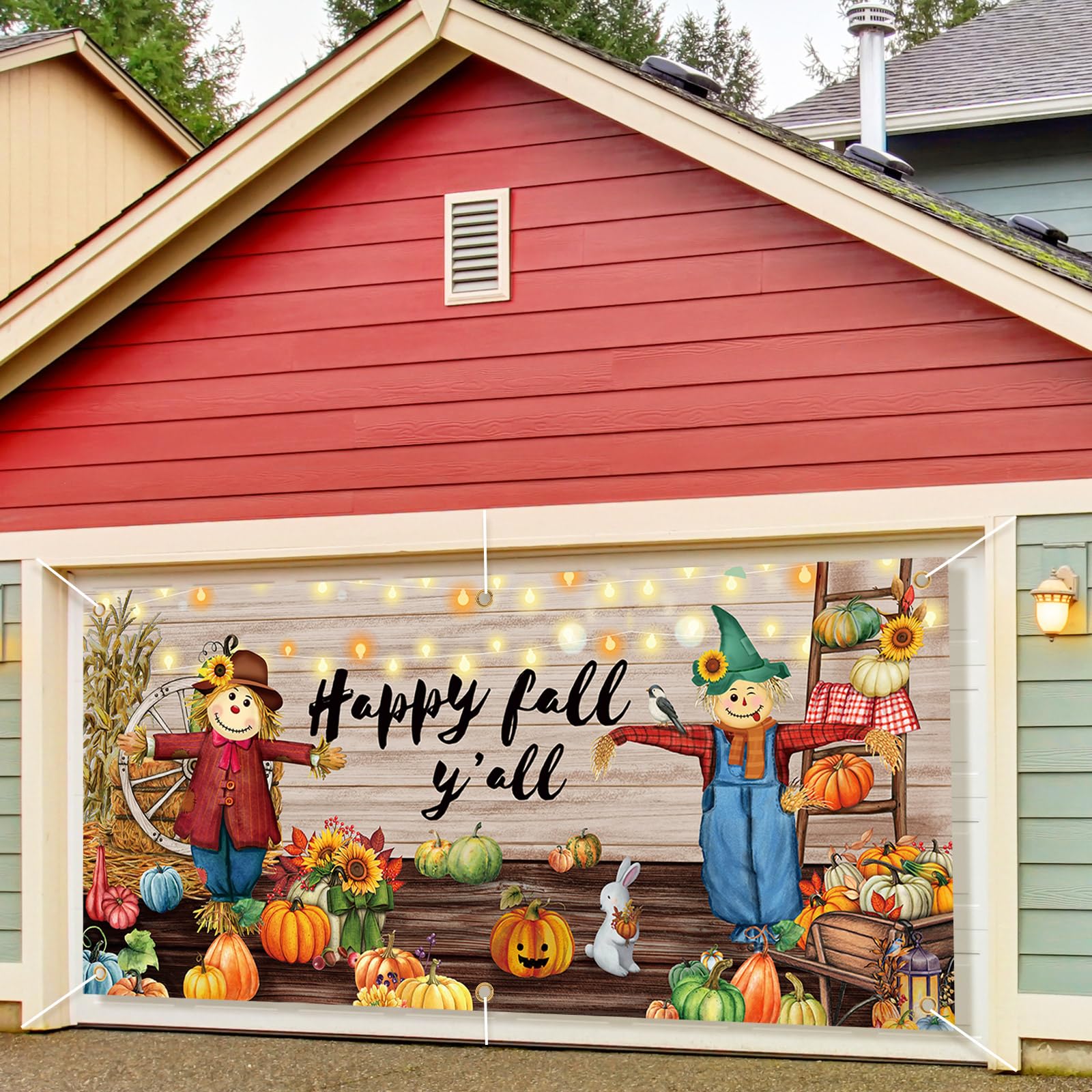 13 x 6ft Fall Garage Door Decorations Banner Extra Large Happy Fall Backdrop Fall Decorations with White Rope Autumn Pumpkin Scarecrow Wall Banner Fall Hanging for Fall Thanksgiving Party