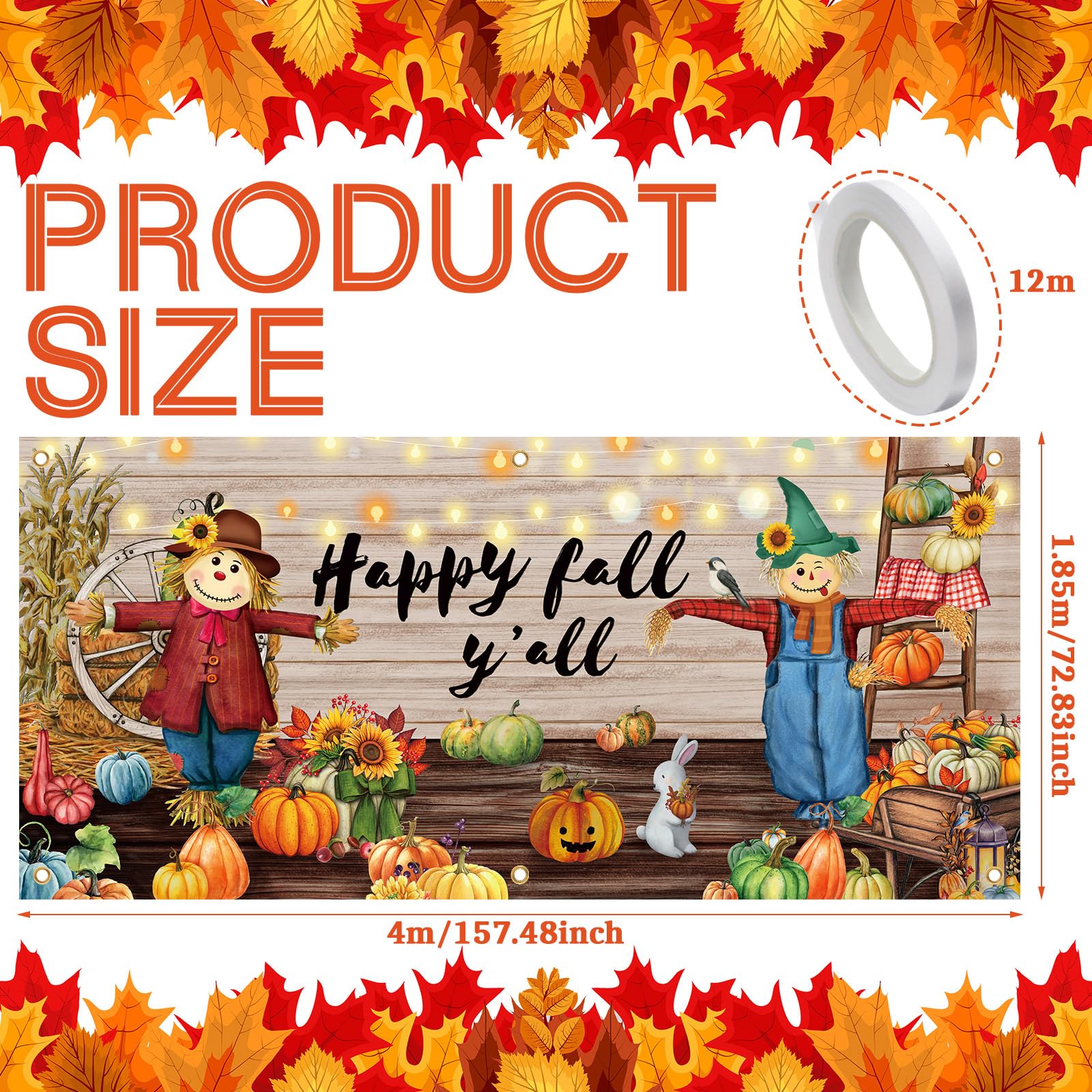 13 x 6ft Fall Garage Door Decorations Banner Extra Large Happy Fall Backdrop Fall Decorations with White Rope Autumn Pumpkin Scarecrow Wall Banner Fall Hanging for Fall Thanksgiving Party