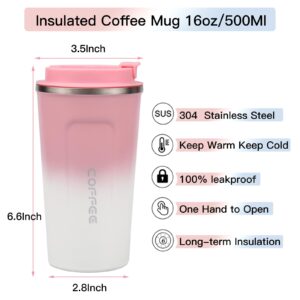 16oz Coffee Mugs with Lid for Women Travel Coffee Mug Insulated Tumblers for Men Coffee Cups with Lids for Car Pink Travel Mugs for Hot and Cold Double Wall Tumbler (16 OZ, pink)