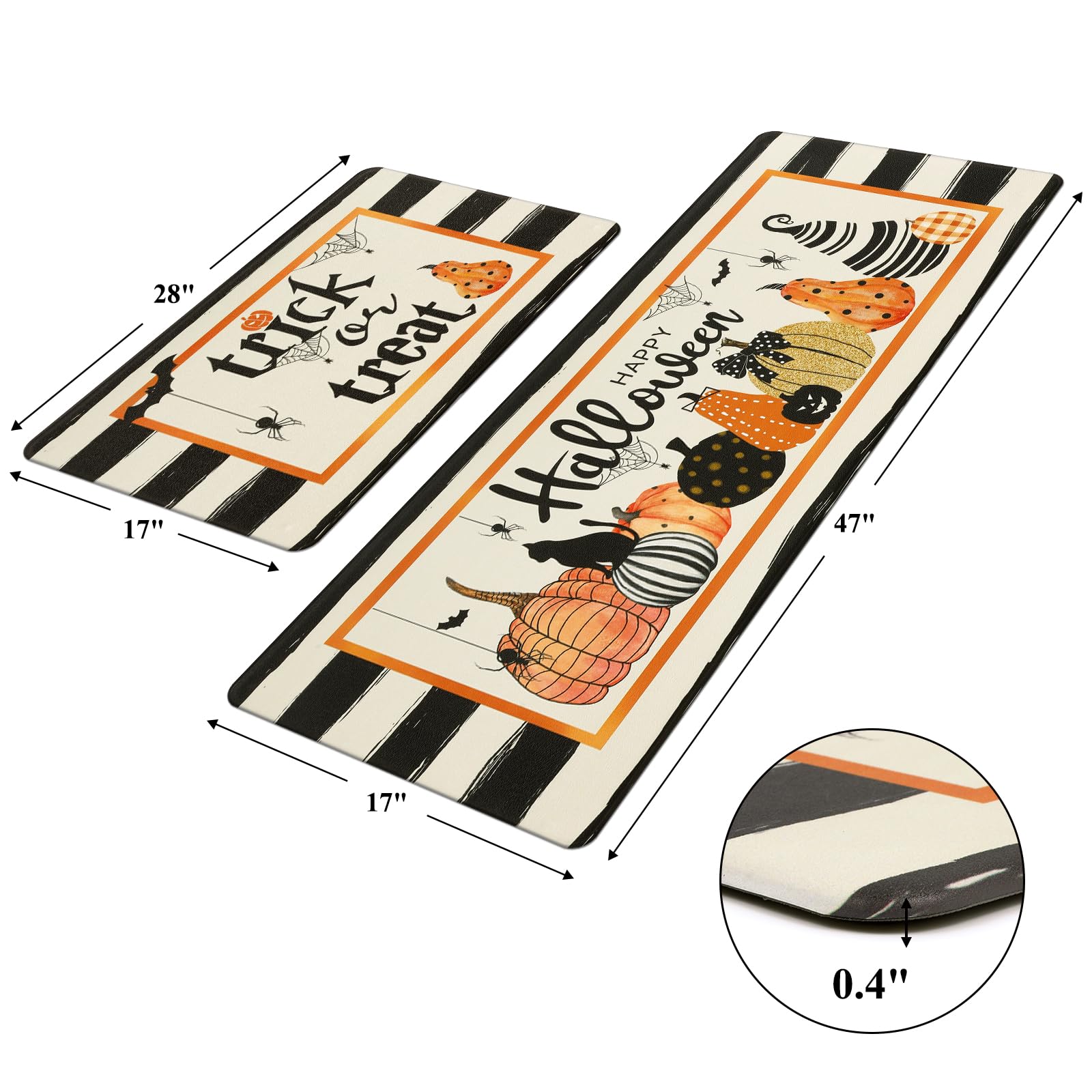 Pauwer Halloween Kitchen Mat Set of 2, Trick or Treat Anti Fatigue Kitchen Rugs Fall Decor, Non Slip Pumpkin Kitchen Runner Rug Set, Cushioned Waterproof Kitchen Foam Mat for Floor