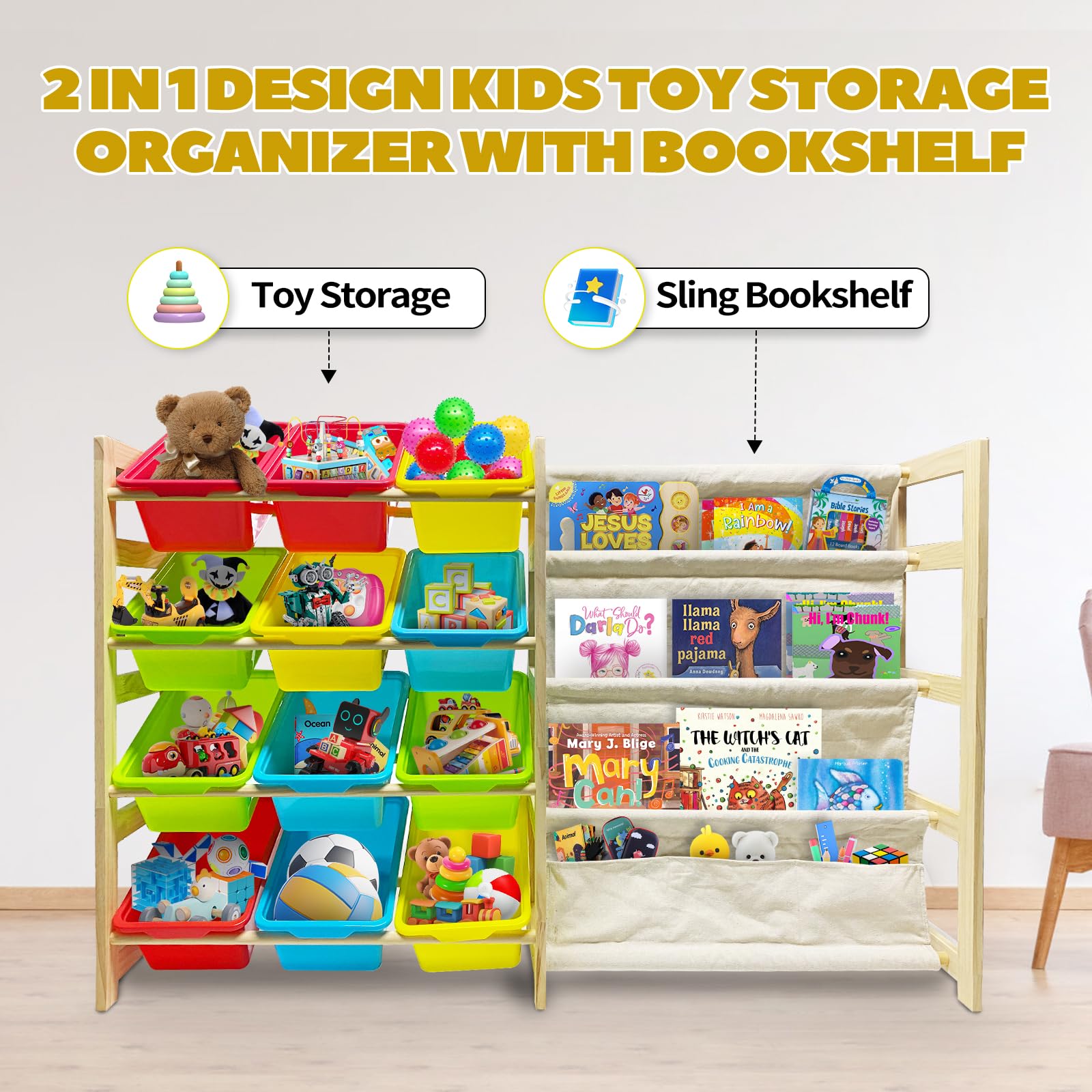 EXPERLAM Kids Toy Storage Organizer with Bookshelf - 12 Storage Bins 4-Tier Multipurpose Shelf to Organize Toys and Books for Kids Room, Playroom, Nursery Room