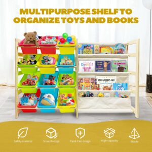 EXPERLAM Kids Toy Storage Organizer with Bookshelf - 12 Storage Bins 4-Tier Multipurpose Shelf to Organize Toys and Books for Kids Room, Playroom, Nursery Room