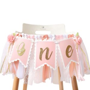 rpvod pink floral 1st birthday high chair banner - lightweight, hand wash only, 10 x 80 inches, best birthday gift for girls/women/babies