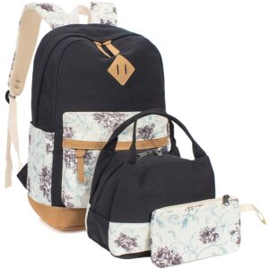 leaper floral canvas backpack laptop bag daypack lunch bag purse 3 in 1 black