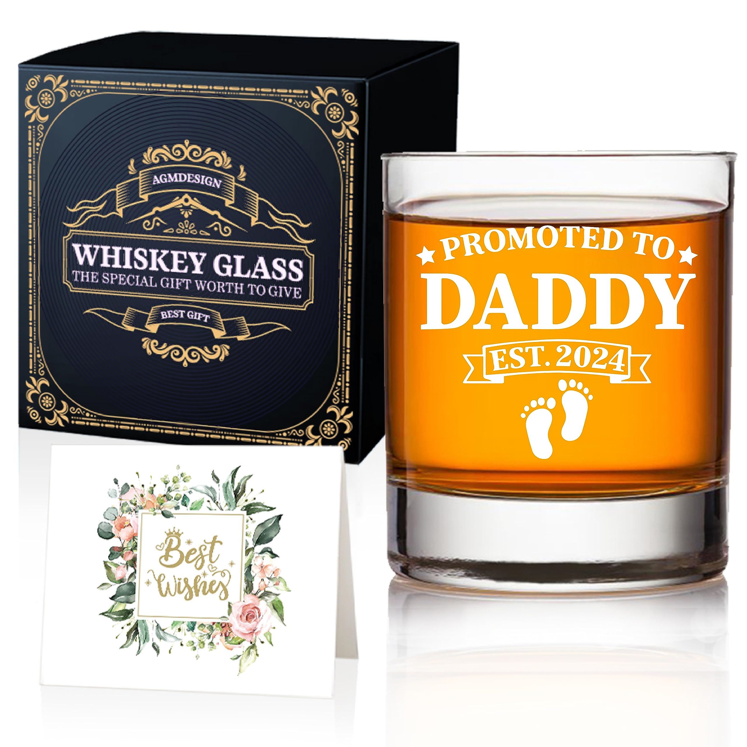 AGMDESIGN Promoted To Daddy 2024 Whiskey Glass, Funny Birthday Gifts for Him, Husband, Dad, Stepdad, Grandfather, New Dads Whiskey Glass Gift, Father's Day, Birthday Gift, Pregnancy Announcement