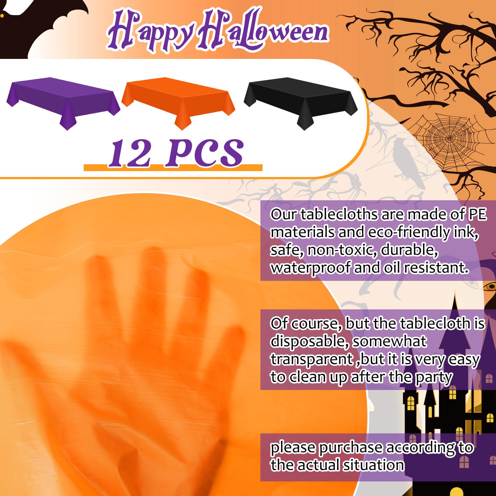 12 Pieces Halloween Disposable Plastic Tablecloth for Rectangle Tables Waterproof Table Cover for Halloween Parties and Decorations, 54 x 108 Inch, Black, Orange, Purple