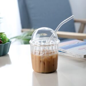 TITA-DONG Cute Drinking Glasses with Glass Dome Lid and Straw, Reusable Wide Mouth Smoothie Cups 15oz Glass Coffee Iced Cup Tumbler Glass Bubble Tea Cup for Coke Soda Home Office Bar(White)