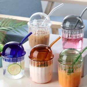 TITA-DONG Cute Drinking Glasses with Glass Dome Lid and Straw, Reusable Wide Mouth Smoothie Cups 15oz Glass Coffee Iced Cup Tumbler Glass Bubble Tea Cup for Coke Soda Home Office Bar(White)