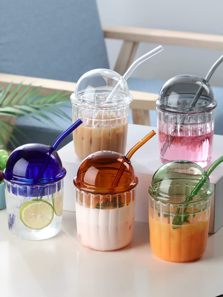 TITA-DONG Cute Drinking Glasses with Glass Dome Lid and Straw, Reusable Wide Mouth Smoothie Cups 15oz Glass Coffee Iced Cup Tumbler Glass Bubble Tea Cup for Coke Soda Home Office Bar(White)