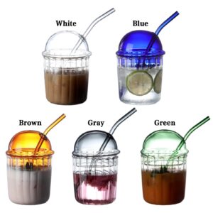 TITA-DONG Cute Drinking Glasses with Glass Dome Lid and Straw, Reusable Wide Mouth Smoothie Cups 15oz Glass Coffee Iced Cup Tumbler Glass Bubble Tea Cup for Coke Soda Home Office Bar(White)