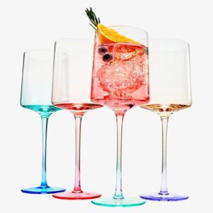 khen handblown colored two-toned crystal pastel wine glassware | set of 4 | blue, purple, pink square shaped glasses, vibrant ombre color for cocktail, vintage crystal glass goblet (13.5 oz)
