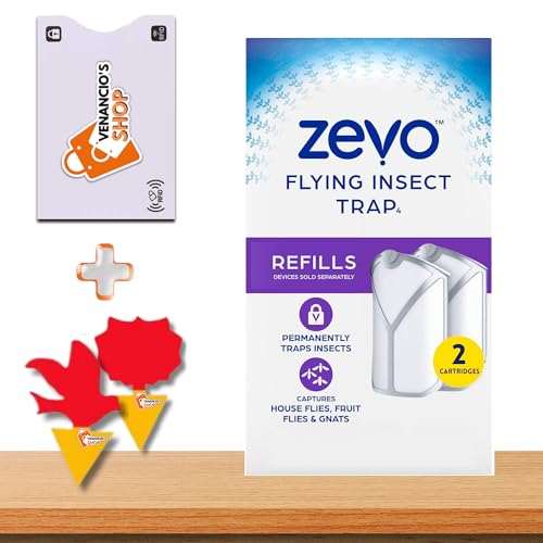 ZEVO Refills 02 Cartridges | Device Sold Separately, White, ZEVO Flying Insect Trap Refill Fly Trap Refill Cartridges + (1) Card Protector Venancio’sSticker & Sticky Fruit Trap