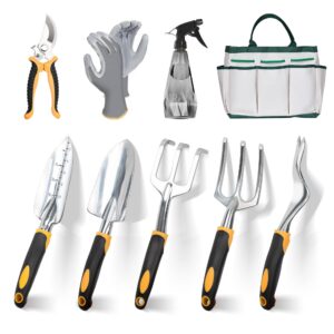 leteen garden tools, 9 piece heavy duty gardening tools set with non-slip rubber grip, stainless steel garden tool, gifts for kids, women, husbands, and parents