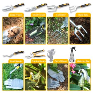 LETEEN Garden Tools, 9 Piece Heavy Duty Gardening Tools Set with Non-Slip Rubber Grip, Stainless Steel Garden Tool, Gifts for Kids, Women, Husbands, and Parents