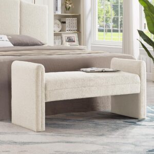 24kf modern boucle teddy lovely bench, upholstered bed bench entryway bench ottoman with armrest -dark gray