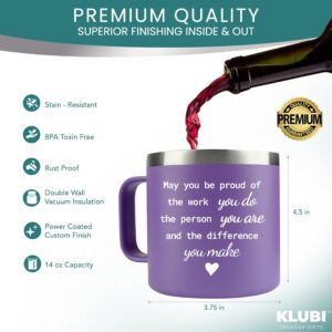 KLUBI Purple Gifts for Women - Thank You Gifts for Women 14 Ounce Purple Mug Coffee Tumbler with Straw Cute Employee Appreciation Gifts Coworker Appreciation Gifts Therapist Retirement Gifts for Women