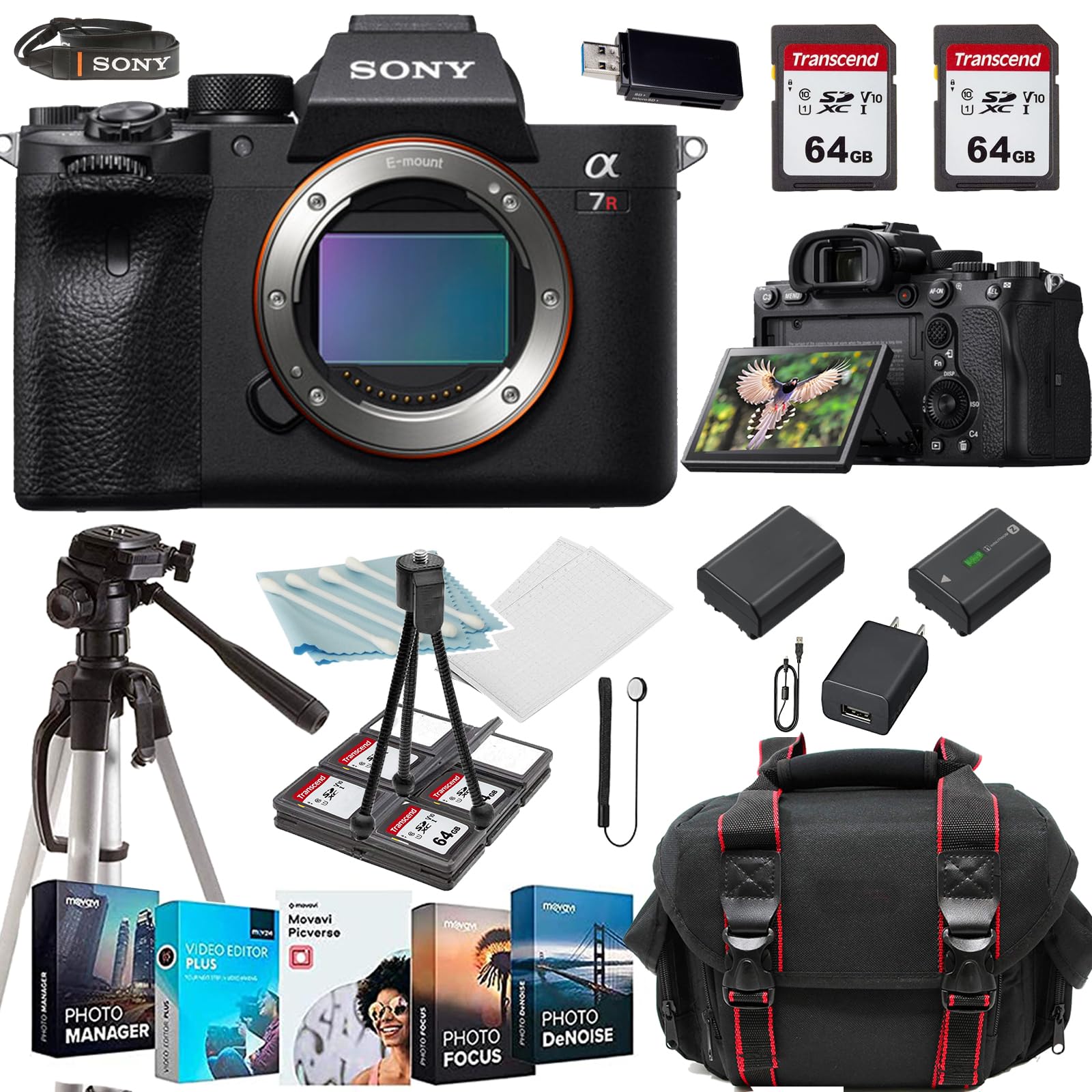 Sony a7R V Mirrorless Camera (ILCE7RM5/B) with Case+128 GIG Memory Cards+Commander Deluxe Starter Kit+Tripod(17PC) Bundle