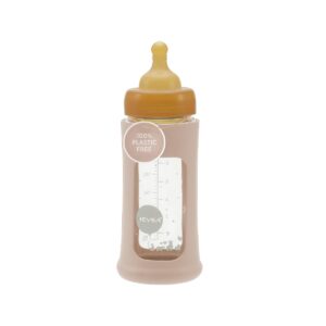 hevea plastic-free wide neck glass baby bottle with sand sleeve - medium flow anti colic baby bottles 3-24 months - bpa-free, single-pack (8.5 oz)