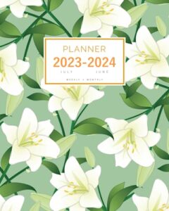 planner july 2023-2024 june: 8x10 weekly and monthly organizer large | madonna lilly flower design green