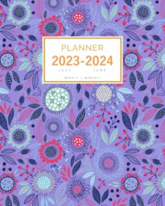 planner july 2023-2024 june: 8x10 weekly and monthly organizer large | creative flower and leaf design blue-violet