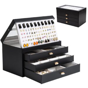 procase jewelry box for women girls, 4-layer large jewelry organizer box with glass lid, valentines gift jewelry holder organizer jewelry storage case for earrings bracelet necklace rings -black