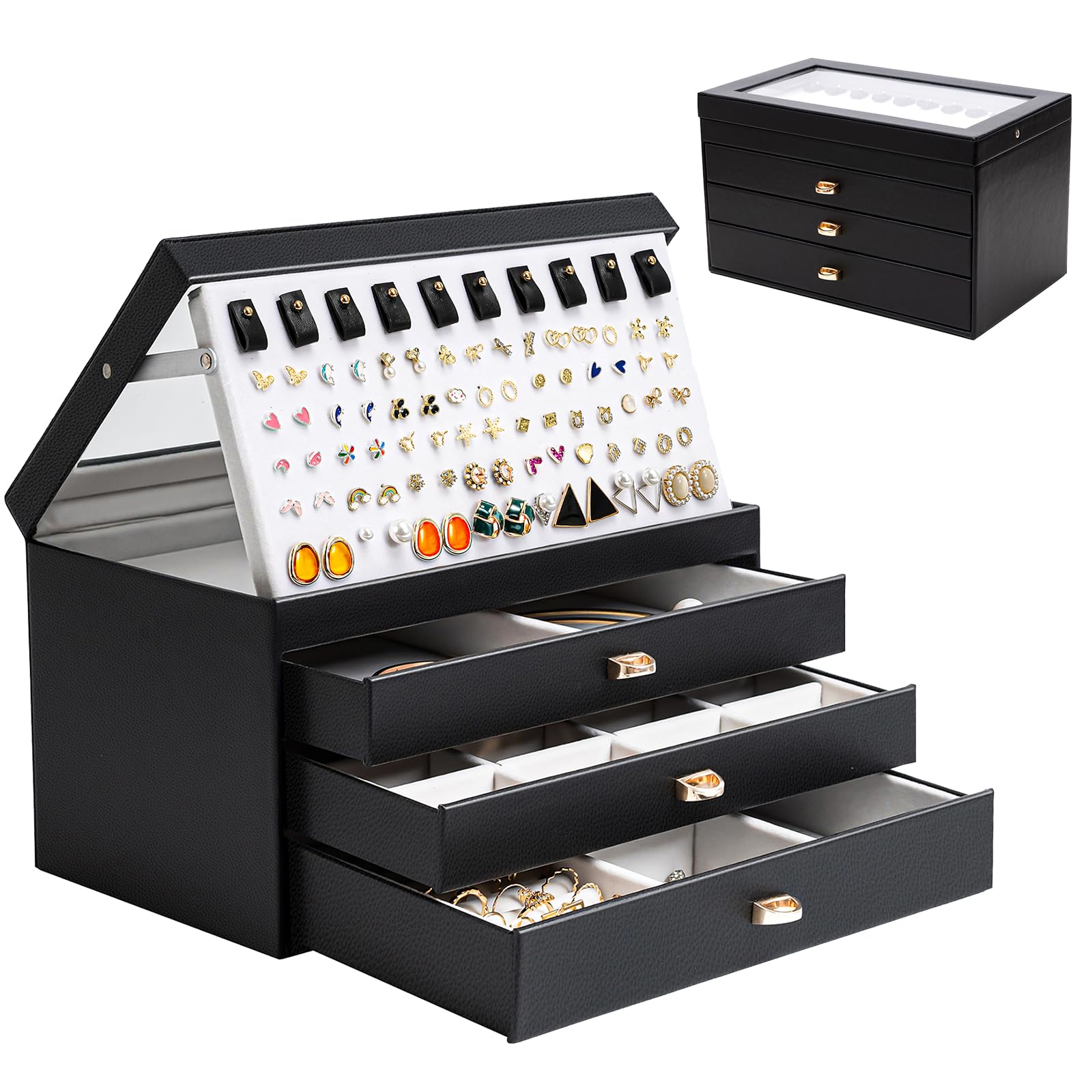 ProCase Jewelry Box for Women Girls, 4-Layer Large Jewelry Organizer Box with Glass Lid, Valentines Gift Jewelry Holder Organizer Jewelry Storage Case for Earrings Bracelet Necklace Rings -Black