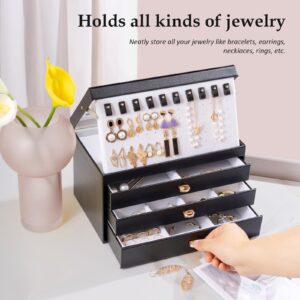 ProCase Jewelry Box for Women Girls, 4-Layer Large Jewelry Organizer Box with Glass Lid, Valentines Gift Jewelry Holder Organizer Jewelry Storage Case for Earrings Bracelet Necklace Rings -Black