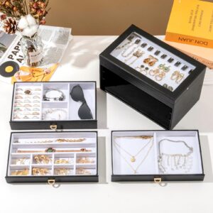 ProCase Jewelry Box for Women Girls, 4-Layer Large Jewelry Organizer Box with Glass Lid, Valentines Gift Jewelry Holder Organizer Jewelry Storage Case for Earrings Bracelet Necklace Rings -Black