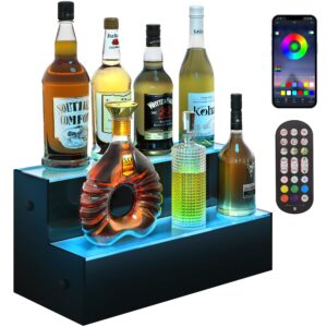 warmiehomy led lighted liquor bottle display shelf, 16" 2 step acrylic bar shelves for liquor bottles, alcohol whiskey shelves with smart app & remote dual control for home commercial bar drinks