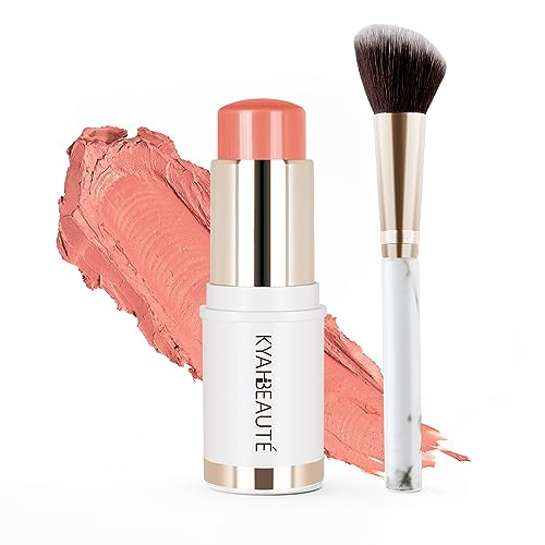 MYMERRY Blush Stick, Cream Blush for Cheeks and Lip Tint, Dewy Finish, Buildable & Blendable Color, Lightweight & Long-Lasting Formula | Tender-Peach & Angled Blush Brush（0.53fl.oz）
