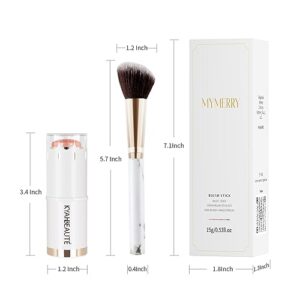 MYMERRY Blush Stick, Cream Blush for Cheeks and Lip Tint, Dewy Finish, Buildable & Blendable Color, Lightweight & Long-Lasting Formula | Tender-Peach & Angled Blush Brush（0.53fl.oz）
