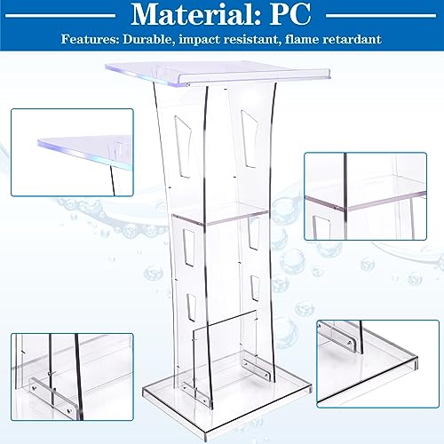 Acrylic Podium Stand with Led Light, Clear Podium with Storage Shelf, Portable Lecterns Pulpit for Church Wedding Classroom Conference Floor Standing Style, Slanted Top