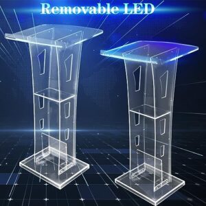 Acrylic Podium Stand with Led Light, Clear Podium with Storage Shelf, Portable Lecterns Pulpit for Church Wedding Classroom Conference Floor Standing Style, Slanted Top