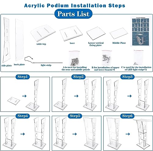 Acrylic Podium Stand with Led Light, Clear Podium with Storage Shelf, Portable Lecterns Pulpit for Church Wedding Classroom Conference Floor Standing Style, Slanted Top