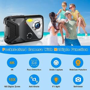 4K Underwater Camera 48MP Compact Digital Camera Waterproof Camera Underwater Camera for Snorkeling with 32GB Card, 18X Digital Zoom and 2.8 Inch LCD Screen (Black)