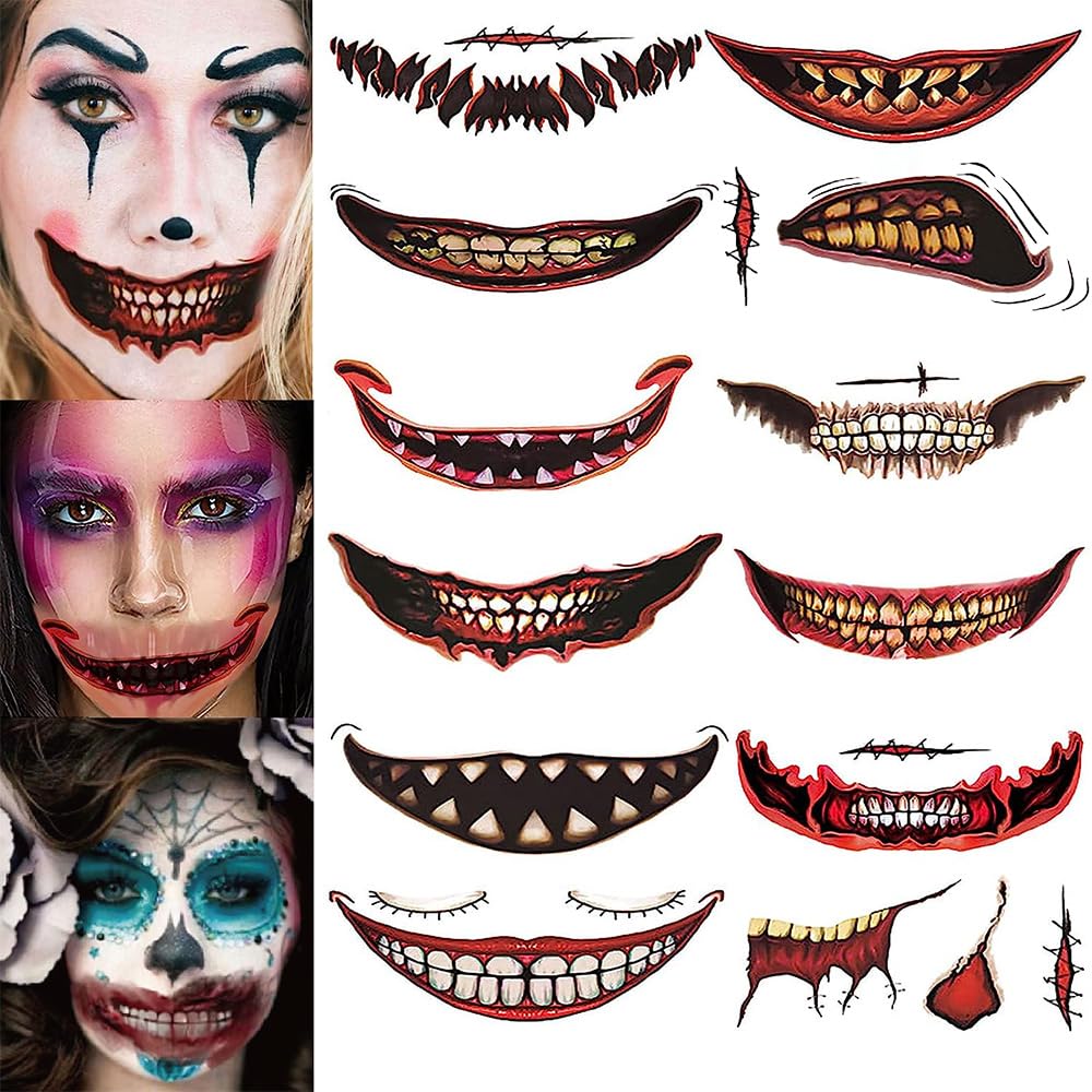 2023 New 12PCS halloween prank makeup temporary tattoo, halloween mouth tattoo stickers, Clown Face Tattoos, Fit for halloween prank makeup or joker mouth tattoo
