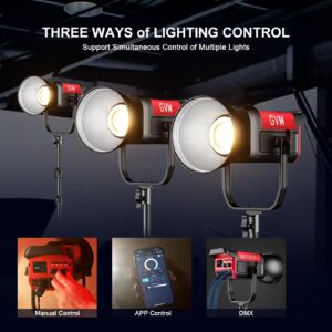 GVM LED Video Light with Bowens Mount, 300W Bi-Color Continuous Light with DMX/APP Control, Photography Lighting for Video Recording, SD300B Studio Lights 65000Lux/1m, CRI97+, 12 Effect, 2700-6800K