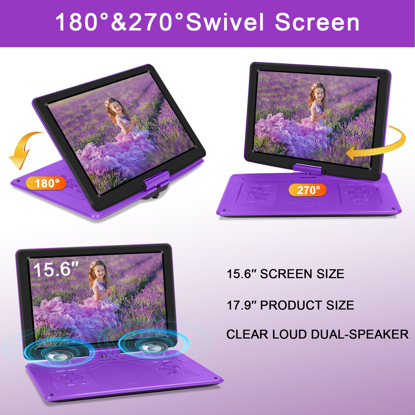 𝒀𝑶𝑶𝑯𝑶𝑶 17.9'' Portable DVD Player with 15.6" Large Swivel Screen, 6 Hours Battery DVD Player Portable with Car Charger and AC Adapter, Support USB/SD Card/Sync TV, Region Free, Purple