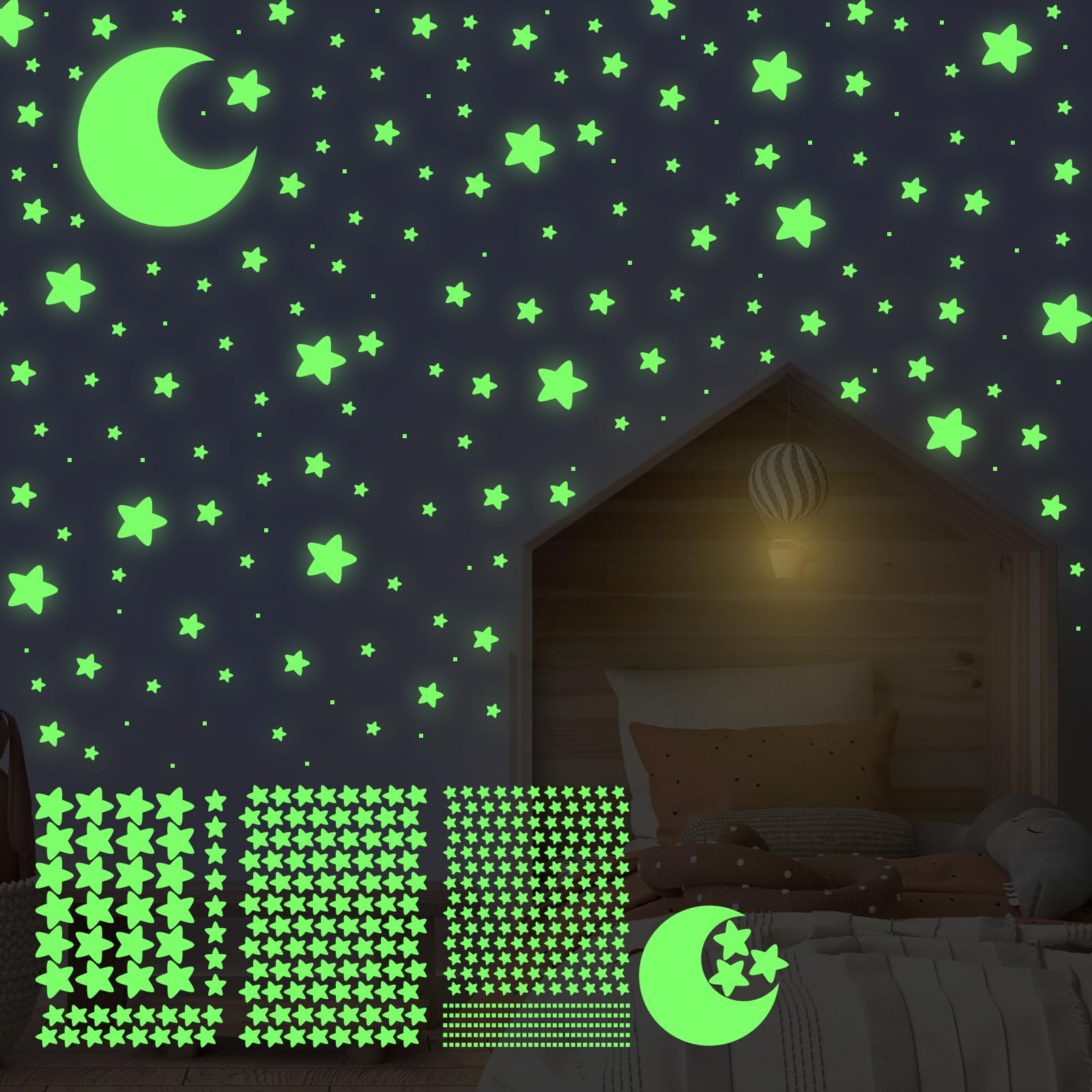 Glow in The Dark Stars 456Pcs Stars for Ceiling 4 Sizes Glowing Stars with Moon,Glow Stickers for Ceiling,Wall Decorations,Room Decor,Birthday Gift