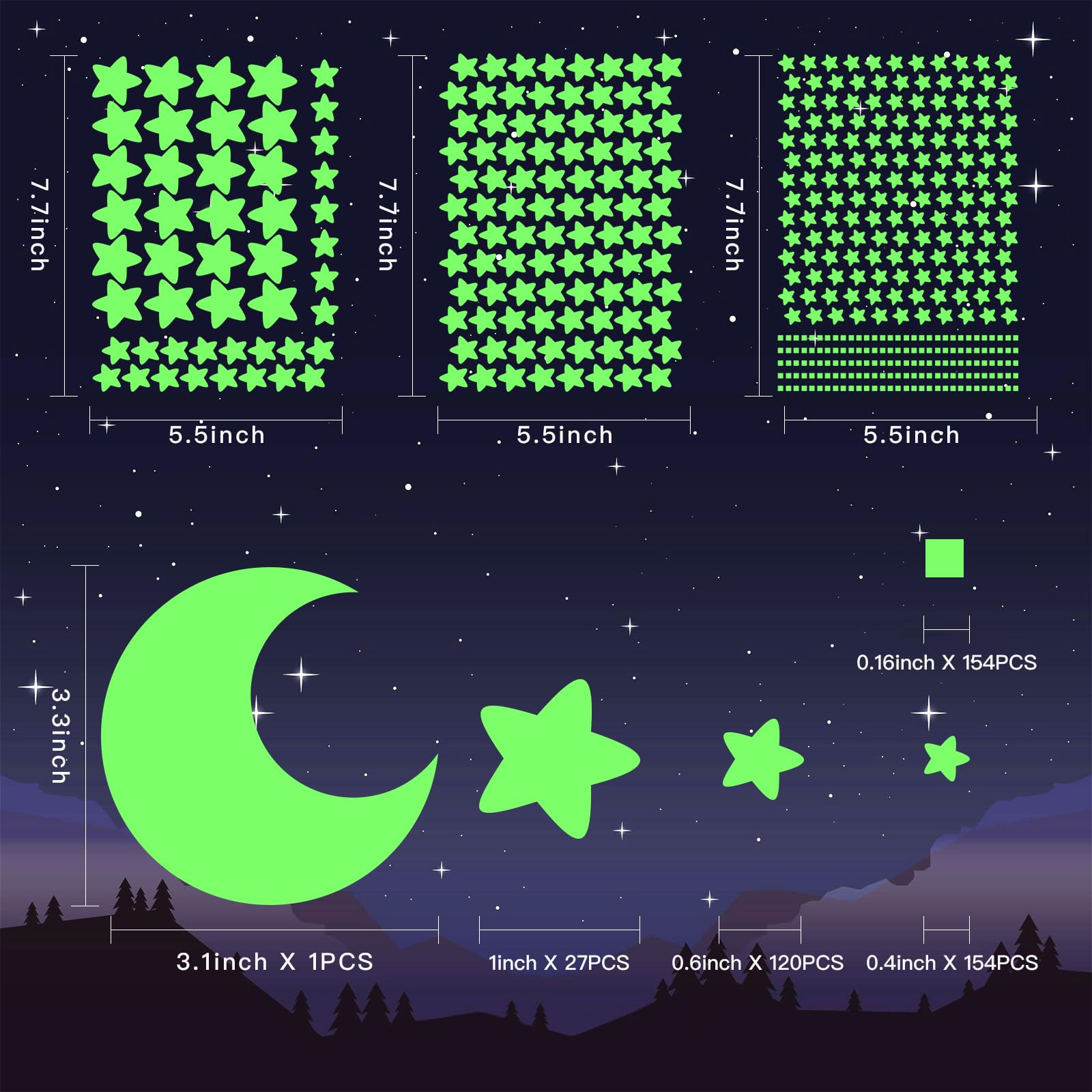 Glow in The Dark Stars 456Pcs Stars for Ceiling 4 Sizes Glowing Stars with Moon,Glow Stickers for Ceiling,Wall Decorations,Room Decor,Birthday Gift