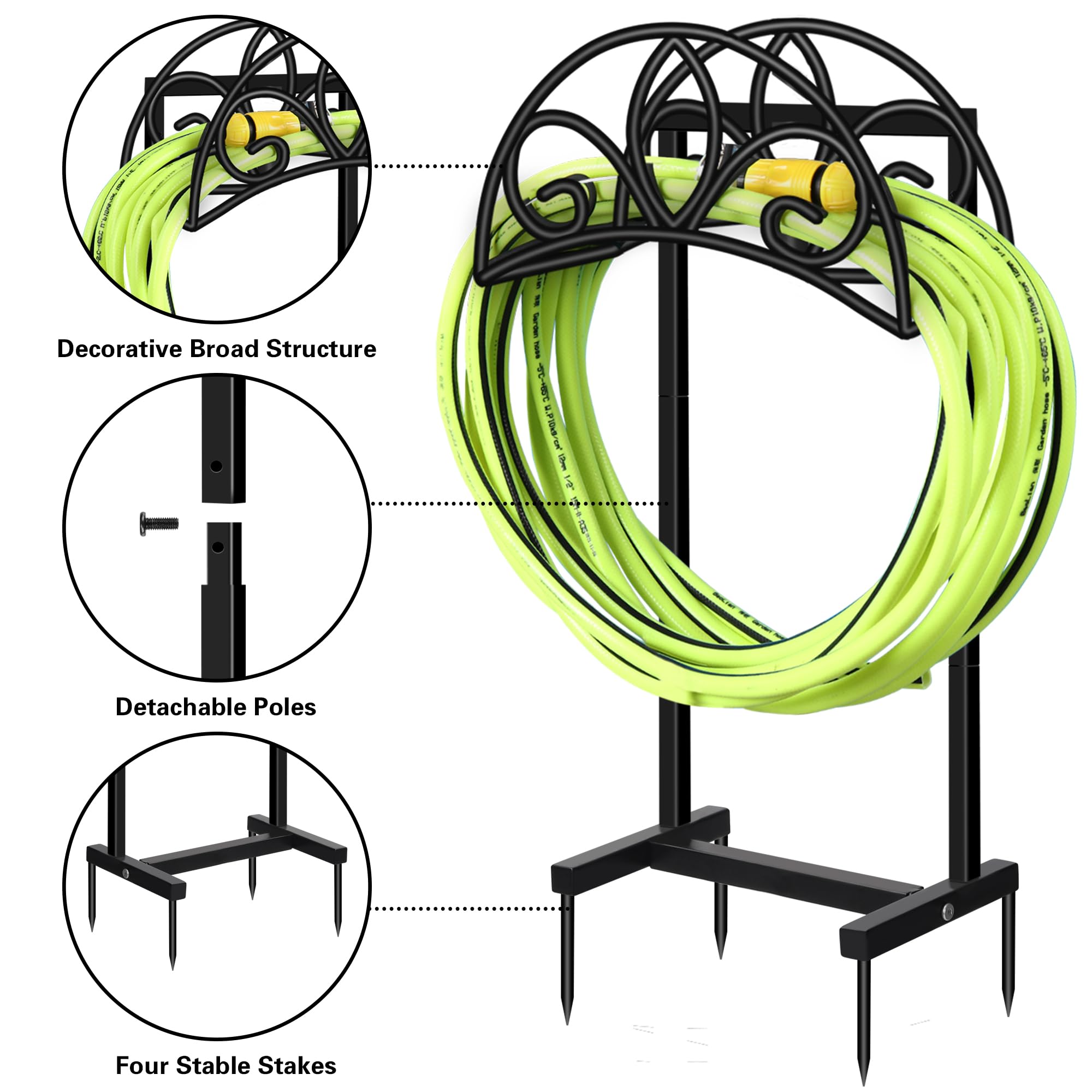 Garden Hose Holder with Hose Cover Detachable Water Hose Holder Sturdy Garden Hose Reel Decorative Free-standing Hose Hanger - 4 Solid Prongs for Outdoor Hose Storage- Fits 145- Feet of Hose