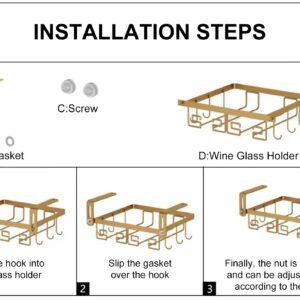 WUXIANJU Stemware Rack Under Cabinet Wine Glass Holder Glass Organizer Storage Hanger for Bar Kitchen, 2 Rows (Gold)