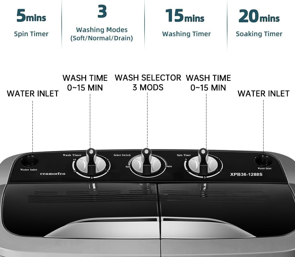 Portable Washing Machine Mini Compact Twin Tub 18lbs Portable Washer and Dryer Combo (10.5Lbs) & (7.5Lbs) Built-in Gravity Drain for Camping Apartments, Dorms, College, RV’s and Small Spaces