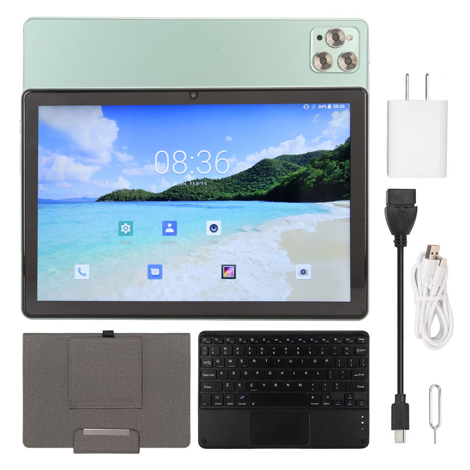 CUIFATI 10.1 Inch 2 in 1 Tablet 8GB RAM 256GB ROM Octa Core CPU 5G WiFi 4G LTE 1960x1080 Resolution 8MP Front 16MP Rear Dual Camera Tablet with Case Keyboard,Green (US Plug 110‑240V)